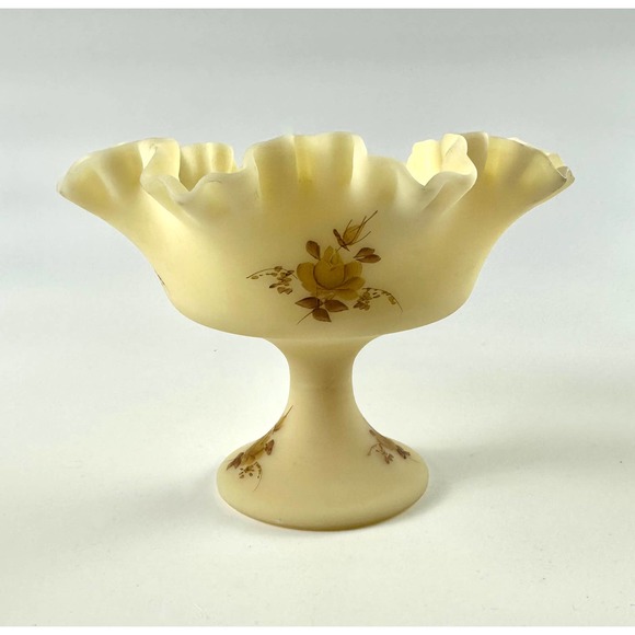 Vintage Signed Fenton Custard Glass Ruffled Crimped Compote Bowl Chocolate Roses - Picture 2 of 11